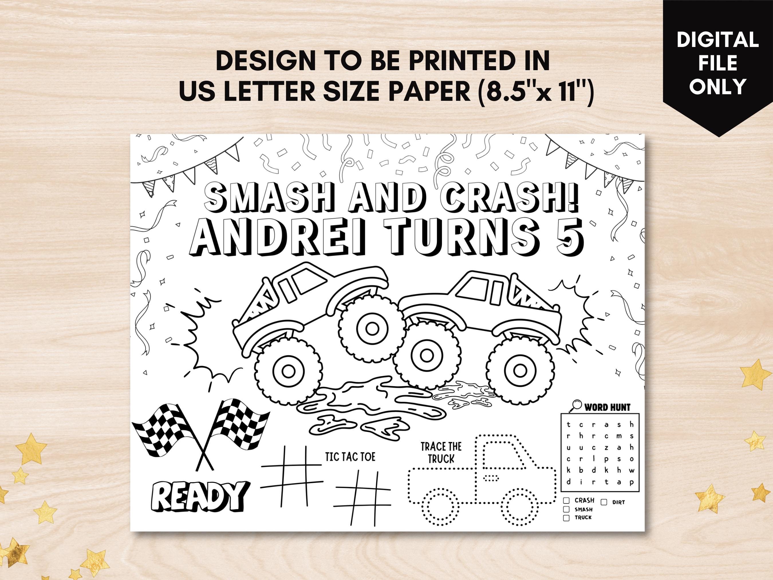 Editable Monster Truck Birthday Coloring Placemat Custom Monster Truck ...