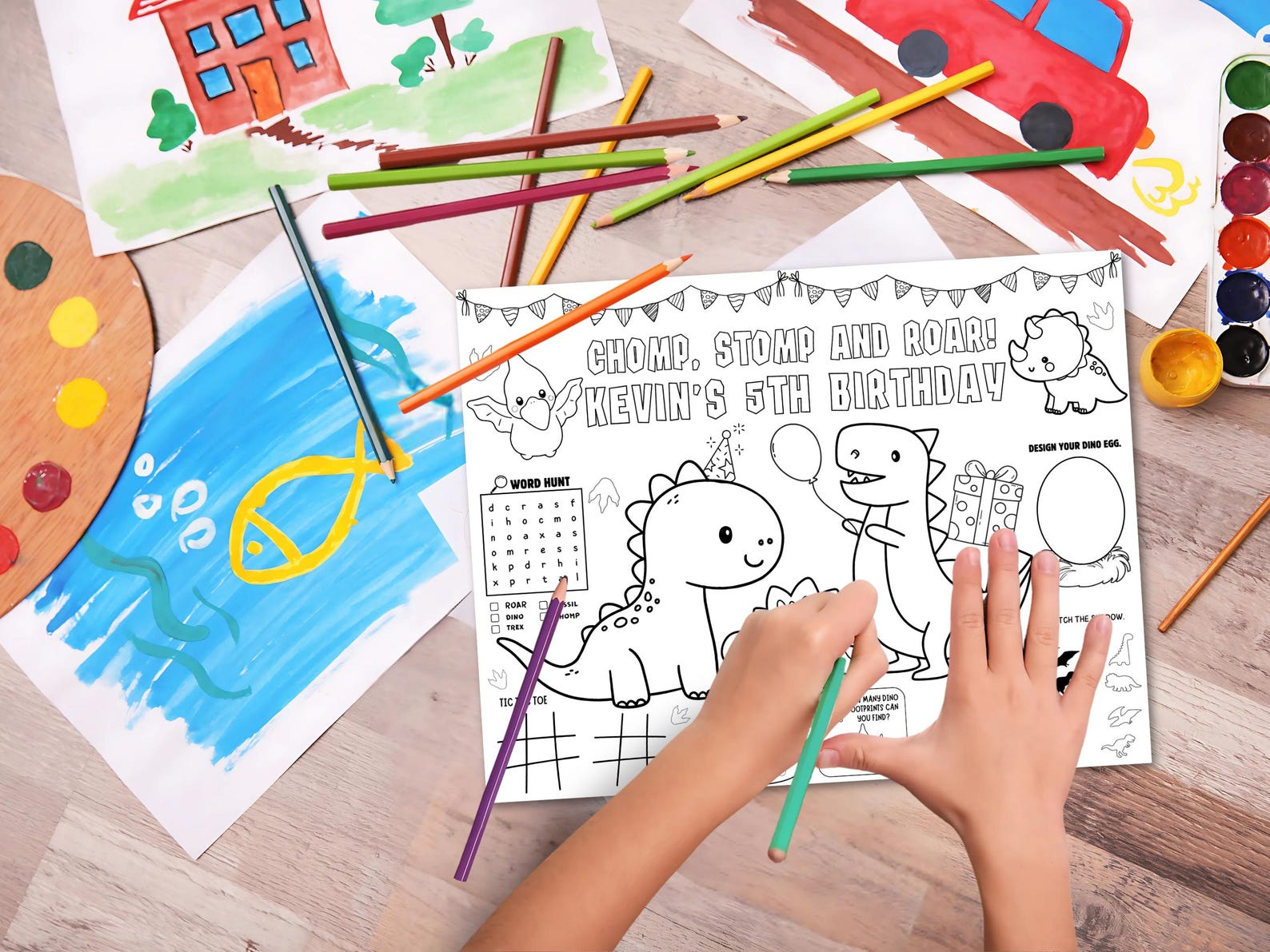 Editable Dino Birthday Coloring Placemat Printable Dinosaur Coloring ...