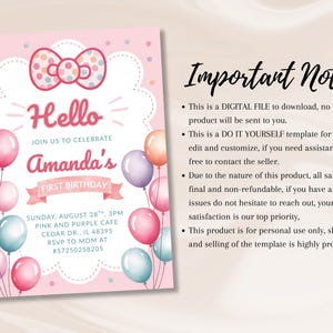 May include: A pink and white digital birthday invitation featuring a bow, balloons, and the text "Hello" and "Amanda's First Birthday." The invitation includes event details and a note section.