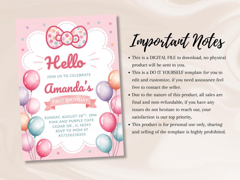 May include: A pink and white digital birthday invitation featuring a bow, balloons, and the text "Hello" and "Amanda's First Birthday." The invitation includes event details and a note section.