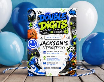 Double Digits Birthday Invitation Boy 10th Birthday Invite Out Single Digit Birthday Party Invite Editable Template