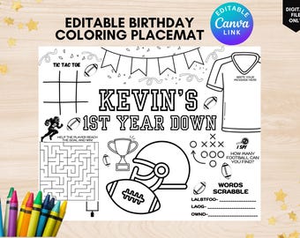 Custom first year down birthday coloring page printable football coloring placemat football theme Birthday coloring Activity Sheet football
