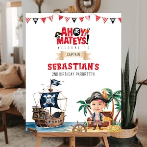 Cartel de bienvenida a fiesta de cumpleaños pirata personalizado Cartel de búsqueda del tesoro Cartel imprimible de fiesta pirata Cartel de bienvenida a la fiesta de Ahoy Matey Tesoro pirata