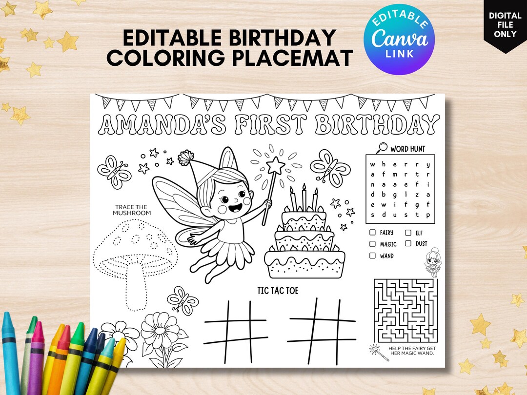 Editable Fairy Birthday Coloring Placemat: Printable Party Activity ...