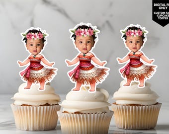 Aloha Luau cupcake topper photo cupcake topper Hawaiian cupcake topper face on stick cupcake topper Luau birthday cupcake decor Aloha Party