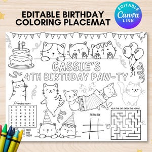 Editable cat birthday colorable placemat printable kitten coloring page personalized cats coloring birthday placemat cats party activity