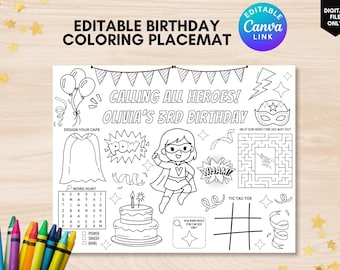 Editable superhero activity placemat girl superhero party placemat superhero colorable placemat superhero birthday party activity sheet