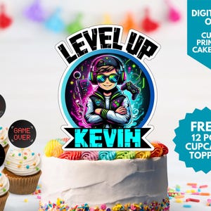 custom gamer cake topper digital printable cake topper video game birthday decor gaming birthday theme level up birthday custom age topper
