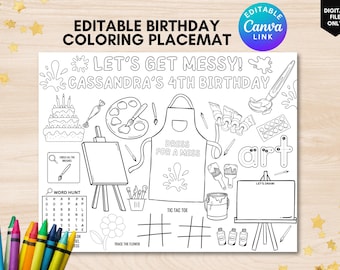 May include: Black and white printable coloring placemat featuring an art theme. The placemat includes a word search, tic-tac-toe game, and a space to draw. The text on the placemat reads "Let's Get Messy! Cassandra's 4th Birthday".