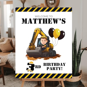 Placa de boas-vindas para aniversário de construção, pôster personalizado de aniversário de construção, rosto de foto, placa digital de aniversário de construção, festa de escavadeira