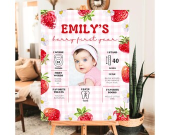 Berry First  Birthday Milestone Poster Template Strawberry Birthday Party Sign First Berry Birthday Printable Poster Strawberry Party