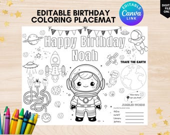 Editable outer space birthday coloring page printable outer space party coloring placemat planets birthday coloring Activity spaceship