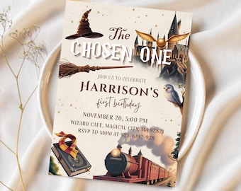 May include: A themed invitation with the text "The Chosen One" and "Harrison's first birthday." The design includes a sorting hat, broom, Hogwarts castle, owl, book, and train. The invitation is for a birthday party.