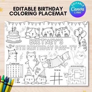 Editable cat birthday colorable placemat printable kitten coloring page personalized cats coloring birthday placemat cats party activity