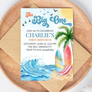 Invitación de cumpleaños "The Big One", invitación de cumpleaños con tabla de surf, invitación imprimible para fiesta de verano, plantilla editable para fiesta en la playa.