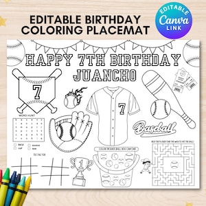 Editable baseball colorable placemat baseball coloring page personalized rookie coloring placemat boy sport coloring activity sheet baseball