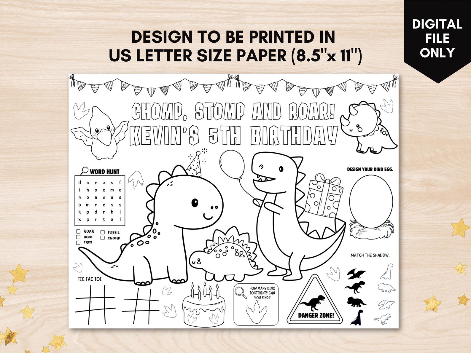 Editable Dino Birthday Coloring Placemat Printable Dinosaur Coloring ...