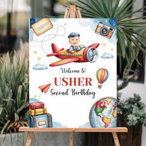 Letrero de bienvenida para fiesta de cumpleaños de avión personalizado, póster de cumpleaños de avión, póster imprimible de cumpleaños de primer vuelo, letrero de bienvenida para fiesta de avión
