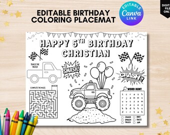Mantel individual para colorear de cumpleaños de Monster Truck, hoja de actividades de Monster Truck, recuerdo de fiesta de Monster Truck, mantel individual para fiesta de Monster Truck, cumpleaños de niño