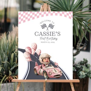 Race car Birthday Party Welcome Sign Custom Girl Racer Party Poster Fast one Party Sign Pink Race car Printable Welcome Sign Pink Racing Car