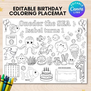 Editable under the sea colorable placemat printable oneder the sea coloring placemat sea animals birthday coloring sheet under the sea party