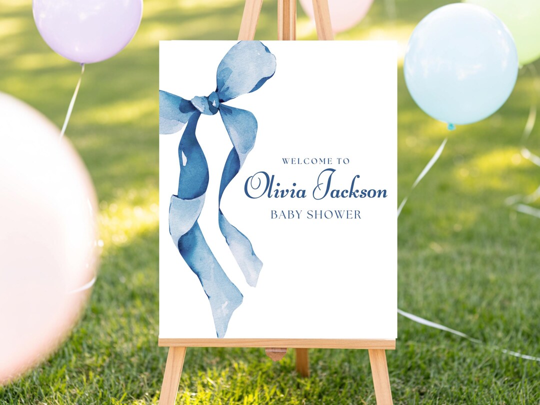 Blue Bow Baby Shower Welcome Sign Boy Blue Baby Shower Sign Dusty Blue ...