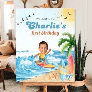 Placa de boas-vindas personalizada para festa de aniversário The Big One, pôster de aniversário de surfe, pôster para impressão de festa de verão, placa de boas-vindas para festa de aniversário na praia