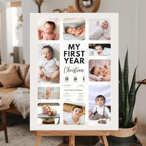 Modello di cartello di compleanno per traguardo del bambino, modello di cartello modificabile con statistiche del primo compleanno, cartello per traguardo del bambino, collage fotografico minimalista per traguardo del primo anno