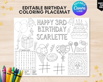 birthday coloring placemat personalized birthday coloring page birthday activity sheet birthday placemat editable birthday coloring page