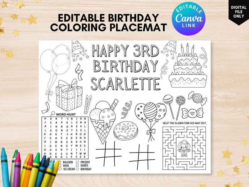 Birthday Coloring Placemat Personalized Birthday Coloring Page Birthday ...