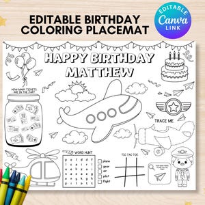 Editable airplane birthday coloring page printable time flies airplane party coloring placemat first flight birthday coloring sheet aviator