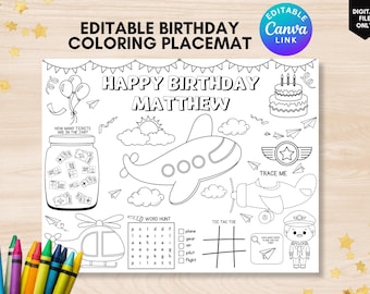 Editable airplane birthday coloring page printable time flies airplane party coloring placemat first flight birthday coloring sheet aviator