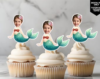 zeemeermin cupcake topper zeemeermin verjaardagsfoto cupcake topper gepersonaliseerde onder de zee cupcake topper gezicht op stok cupcake topper zeemeermin
