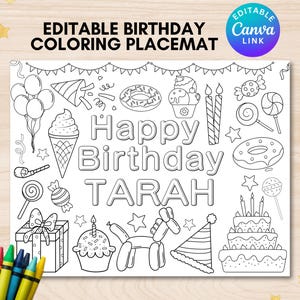 Editable colorable placemat personalized birthday coloring placemat birthday activity sheet birthday placemat coloring page party favor