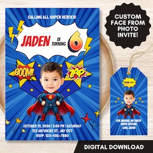 Convite de aniversário de super-herói personalizado Convite para impressão de super-heróis Convite para festa de super-heróis Rosto da foto Cartão de aniversário Festa de super-heróis
