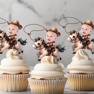 May include: Three cupcake toppers featuring a cartoon cowboy riding a horse. Each topper has a space for a photo to be added. The toppers are on top of cupcakes with brown wrappers.