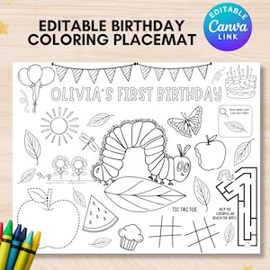 Very Hungry Caterpillar coloring page editable hungry caterpillar birthday coloring placemat caterpillar activity sheet caterpillar party