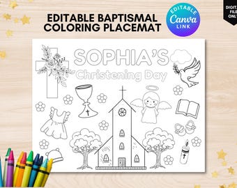 May include: Black and white printable coloring placemat featuring a church, cross, dove, chalice, angel, and other religious imagery. The placemat is personalized with the name "Sophia's" and the text "Christening Day".