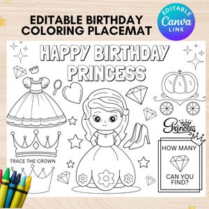 Editable princess birthday coloring page printable fairy princess party coloring placemat princess birthday coloring sheet princess party