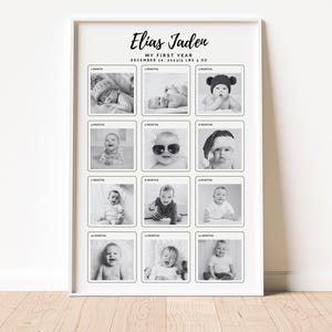 Modello di collage fotografico minimalista per il primo anno di vita del bambino Cartello del primo compleanno del bambino Poster del primo compleanno Poster del primo anno