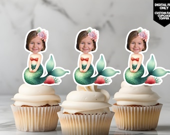 zeemeermin cupcake topper zeemeermin verjaardag foto cupcake topper gepersonaliseerde zeemeermin cupcake topper gezicht op stok cupcake topper zeemeerminfeest