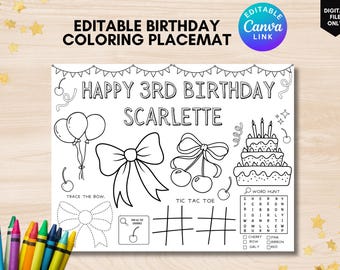 Coquette birthday coloring page printable Coquette party activity placemat Cherry birthday coloring Activity Ribbon party favor Bow Theme