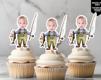 Ofishally one cupcake topper photo cupcake topper fishing cupcake topper face on stick cupcake topper fisherman birthday cupcake decor