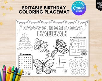 Butterfly Birthday Activity Sheet Editable butterfly coloring placemat butterfly party activity page butterfly party favor butterfly theme