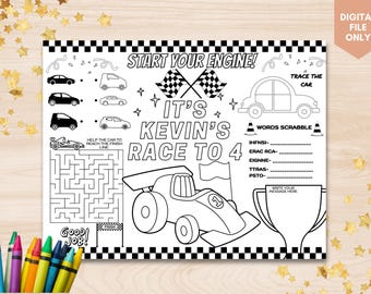 Custom racing birthday coloring Page printable car birthday Coloring Placemat racing theme Birthday coloring Activity Sheet car theme  bday