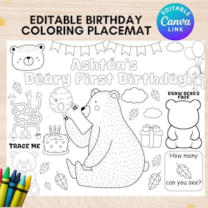Editable bear birthday coloring page printable beary first party coloring placemat beary birthday coloring sheet bear themed birthday party
