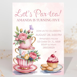 Tea party birthday Invite Afternoon Tea Party Invite Par-tea Birthday Invitation Pastel Pink Party Invite Garden Party digital Invite tea