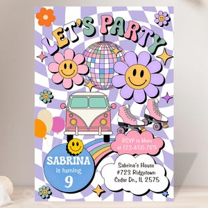 Groovy Birthday Invitation: Retro Hippie Party, Rolling Skates (Canva Template, 5x7 inches)