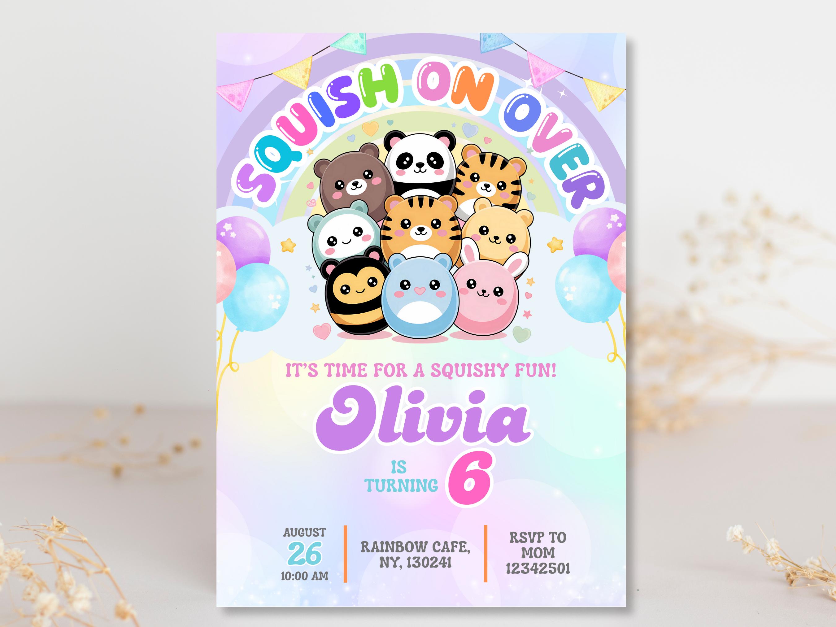 Squishymallow d'invitation squishy pastel pour fête d'anniversaire, invitation d'anniversaire squishy animal, invitation d'anniversaire Squish, coloré
