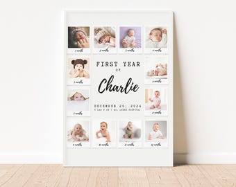 May include: A framed print featuring a collection of baby photos arranged in a grid. The photos are labeled with months, from 1 to 12. The text "FIRST YEAR OF Charlie" is displayed in the center, along with the date and hospital information.